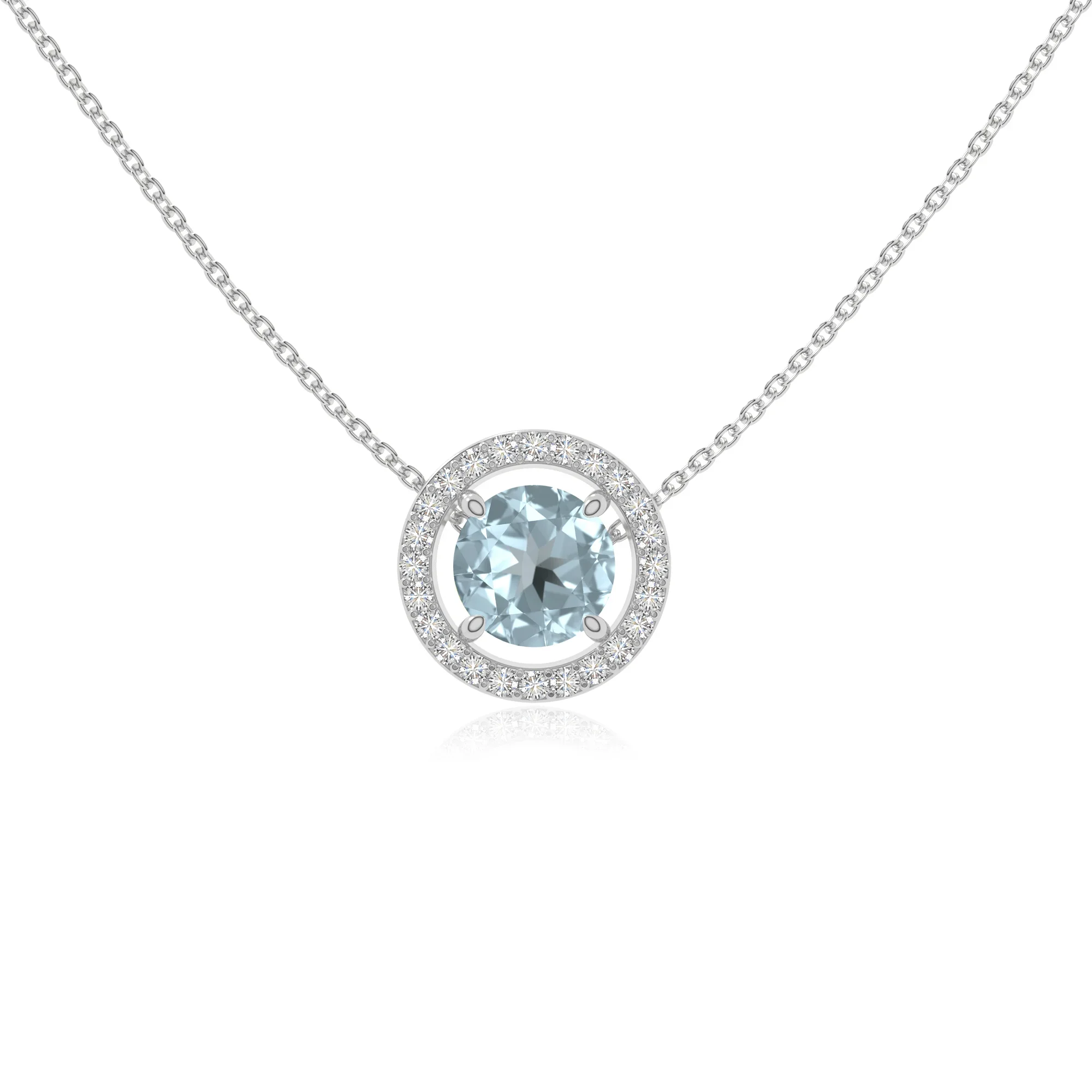 Natural Aquamarine Solitaire Halo Pendant Necklace with Moissanite