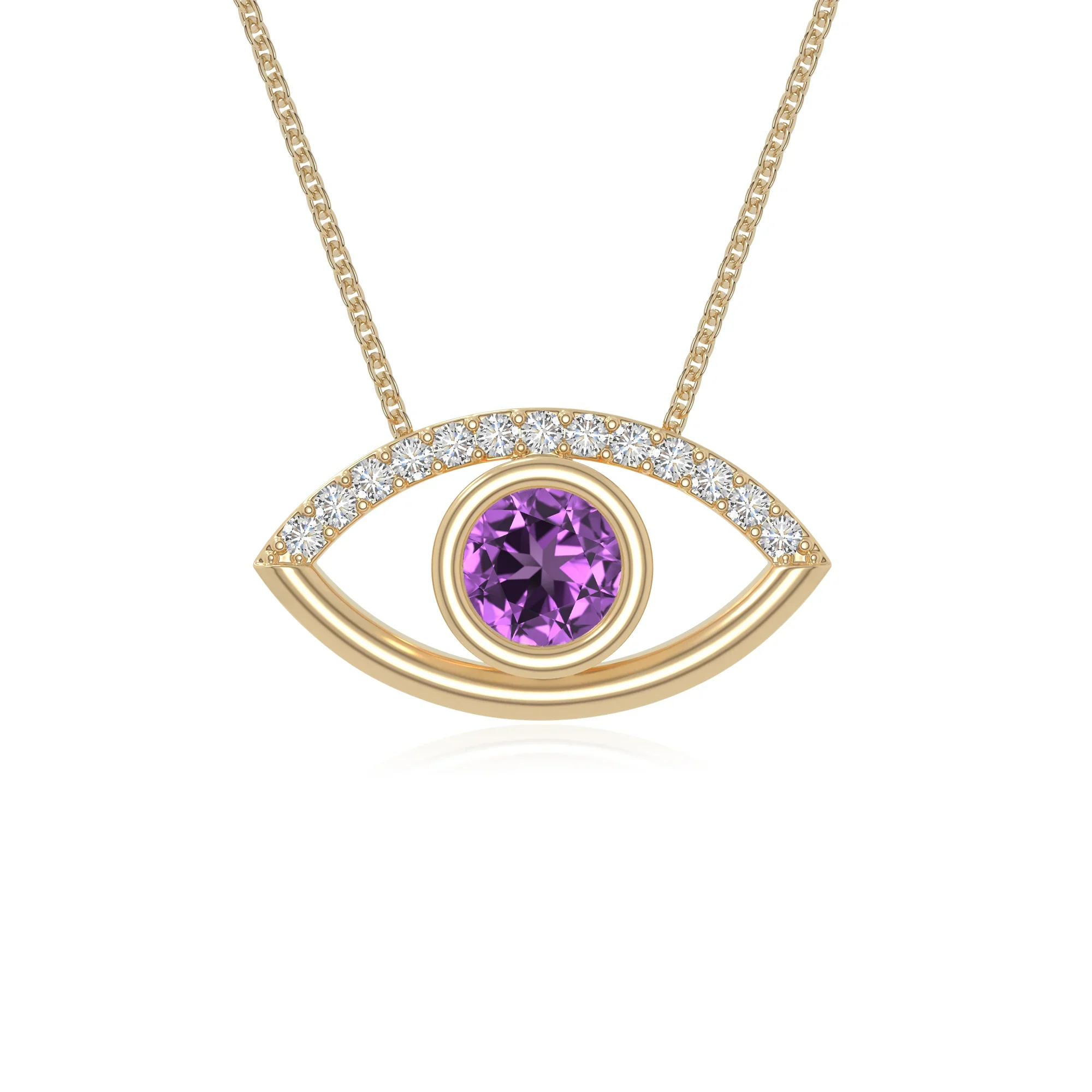 Natural Amethyst Evil Eye Pendant Necklace with Moissanite