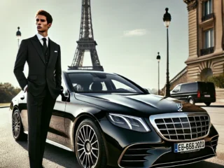 A-chauffeur-in-an-elegant-black-suit-standing-next-to-a-luxurious-black-Mercedes-S-Class-2024.-The-background-features-the-Eiffel-Tow