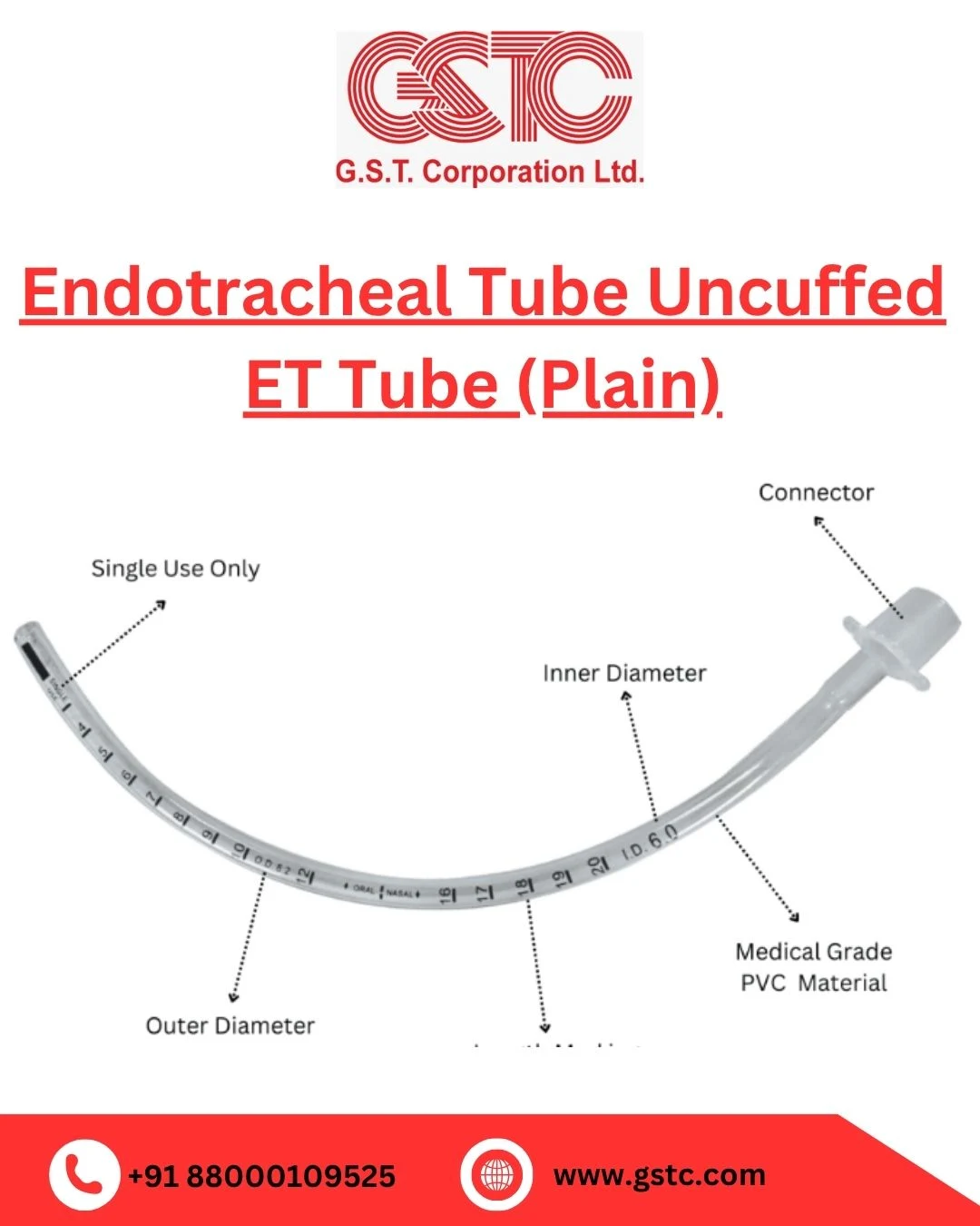 Sterile Endotracheal Tube Uncuffed for Medical Use