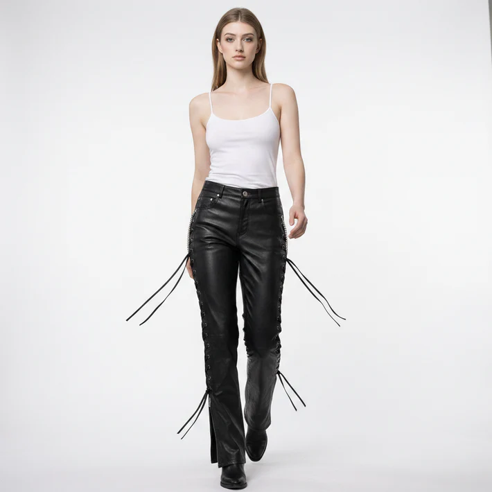 Black Leather Lace-Up Pants for Women