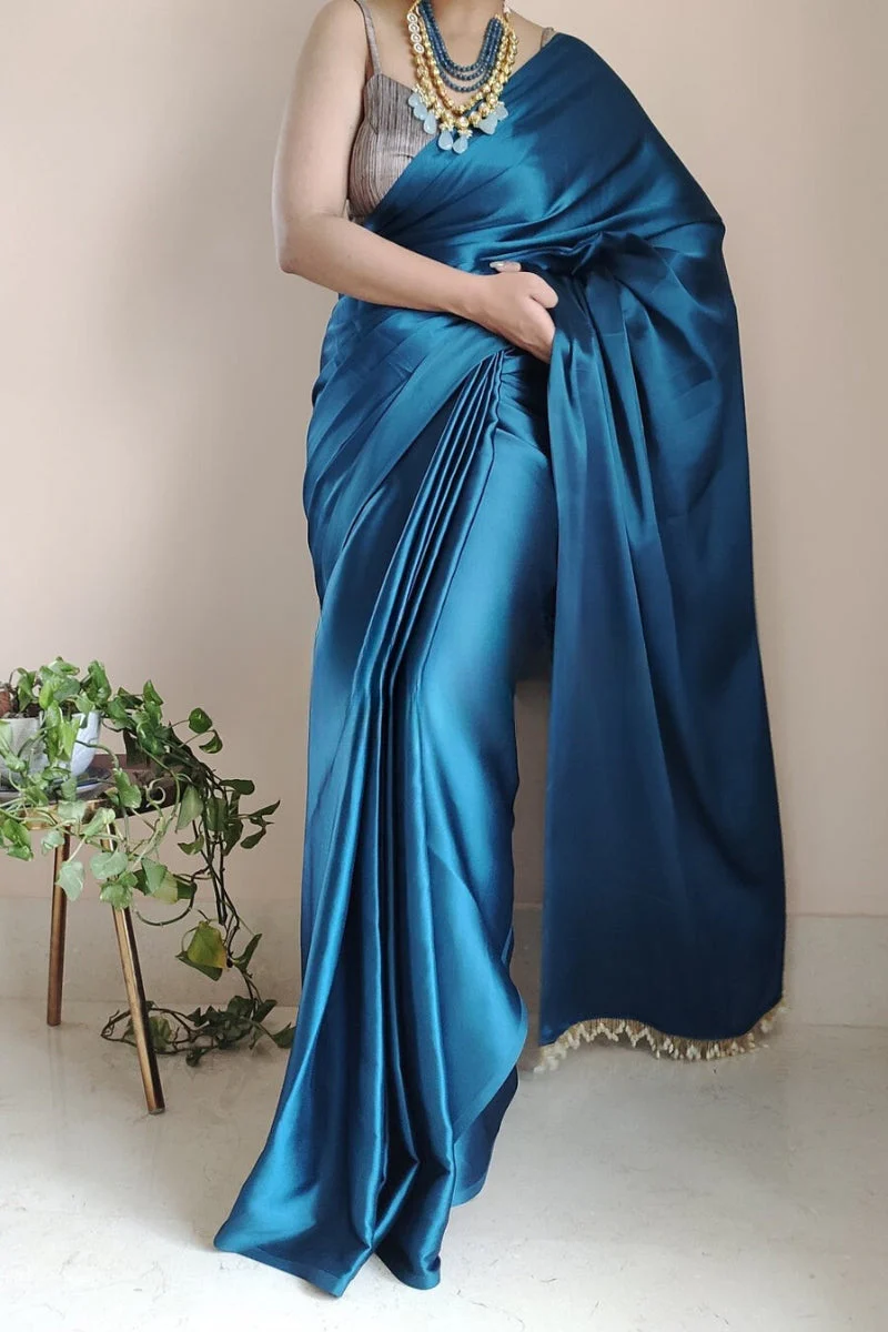 Beautiful, Elegant, Plain Satin Saree for Party & Festival Wear
