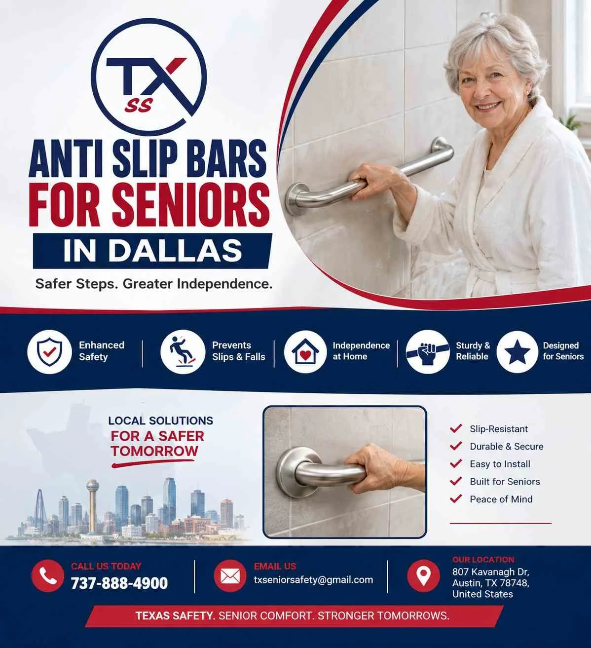Anti Slip Bars for Seniors in Dallas – Safe Bathrooms, Greater Independence